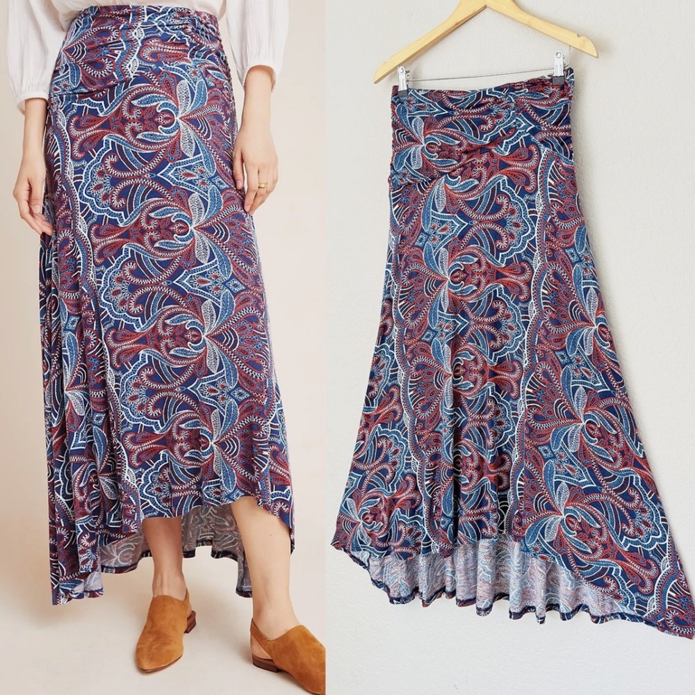 Anthropologie Maeve Melissa Ruched Maxi Skirt Paisley Knit Hi-Low Sz: Small